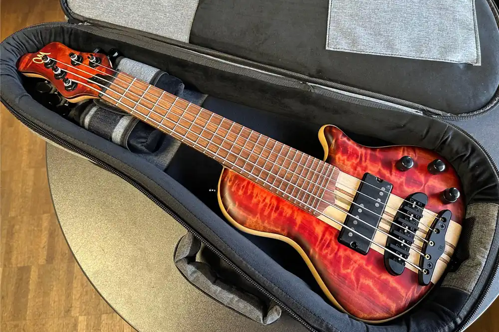 Mayones Cali 5 Mini Bass Curly Poplar - Trans Red Burst Matt Offre Du Jour