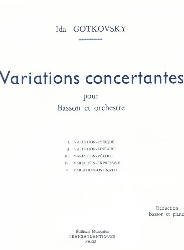 Editions Musicales Transatlantiques Variations Concertantes - Gotkovsky - Bassoon/Piano - Book Expédié Aujourd'hui
