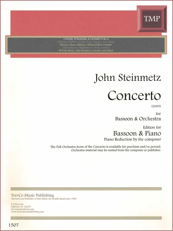 Trevco Music Concerto for Bassoon (2003) - Steinmetz - Bassoon/Piano - Book Dernier Modèle